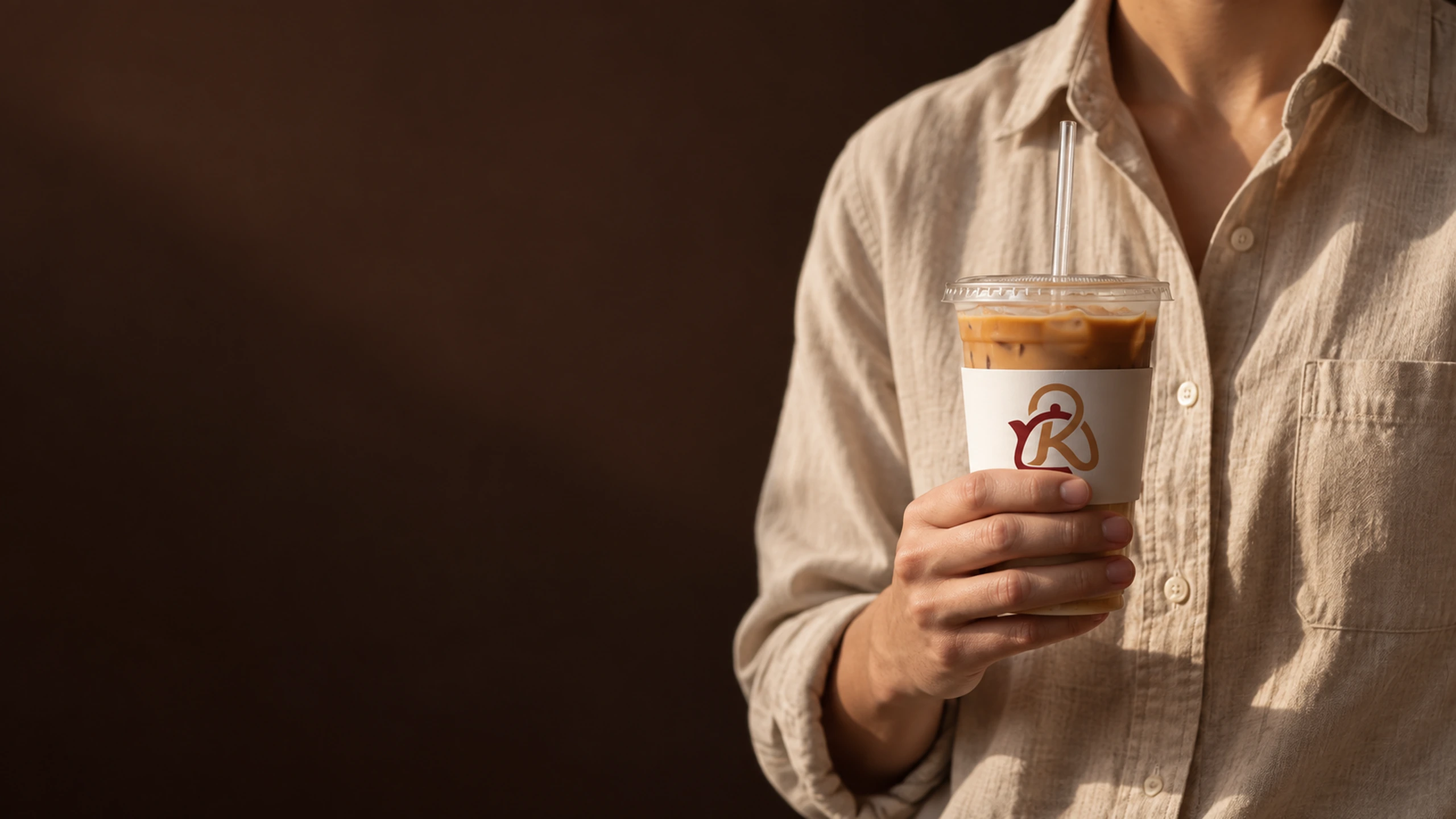 A guest holding a branded Kuttley House iced coffee in warm afternoon light