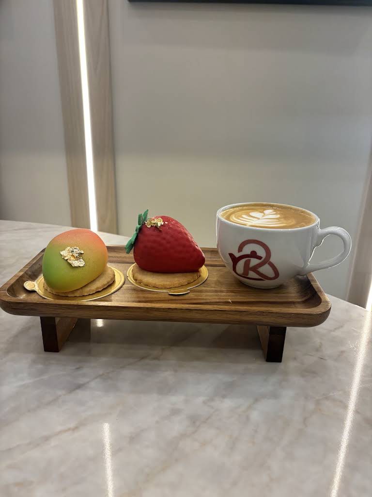 Kuttley House coffee with mango and strawberry shaped desserts