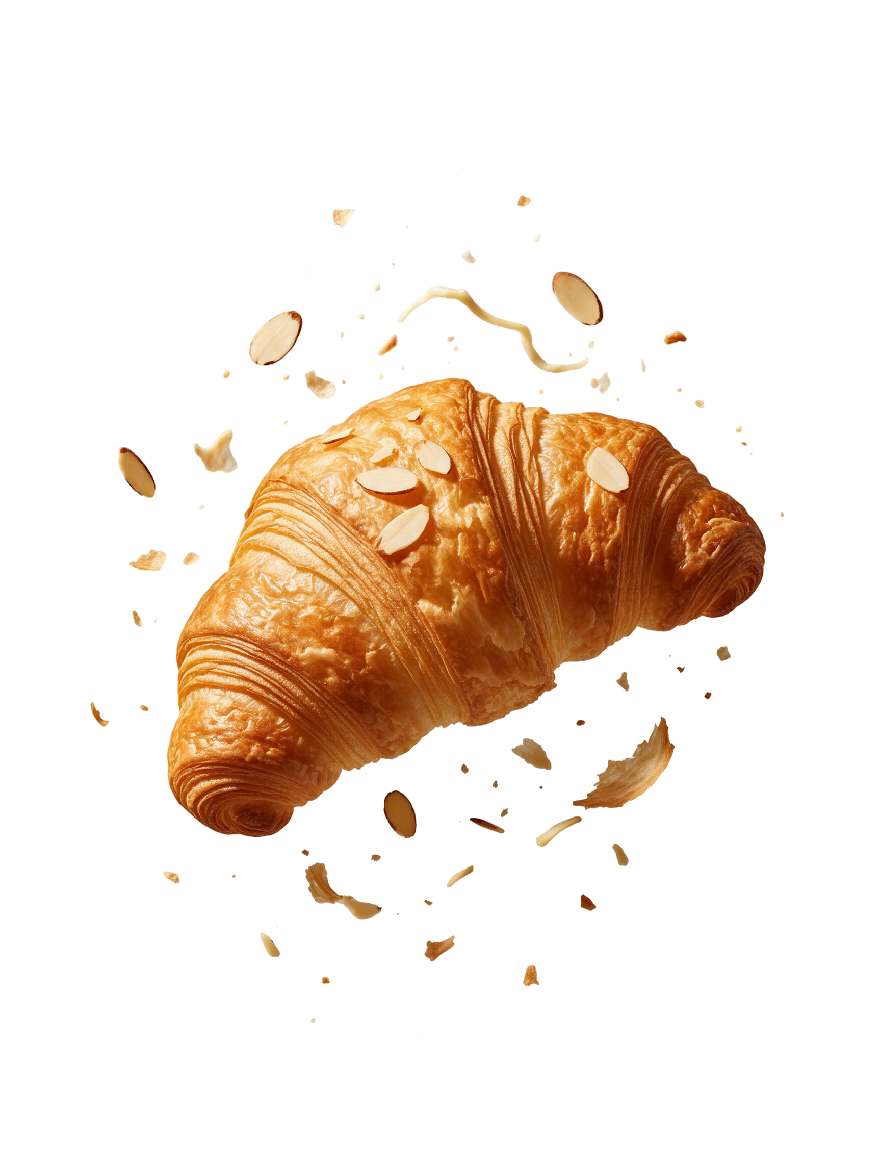 Golden croissant with almond slivers and flaky pastry crumbs floating around it