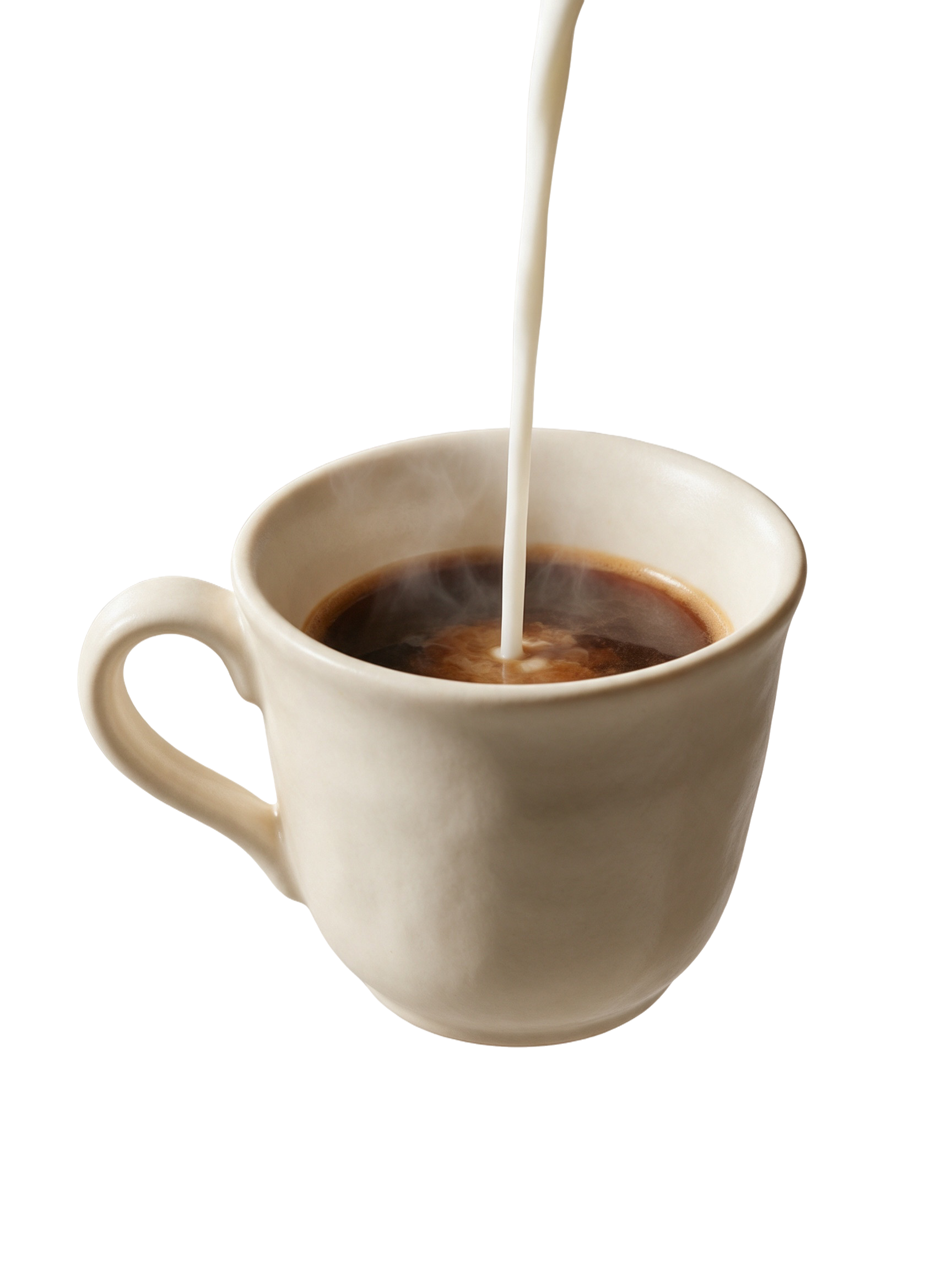 Milk pouring into a steaming hot coffee