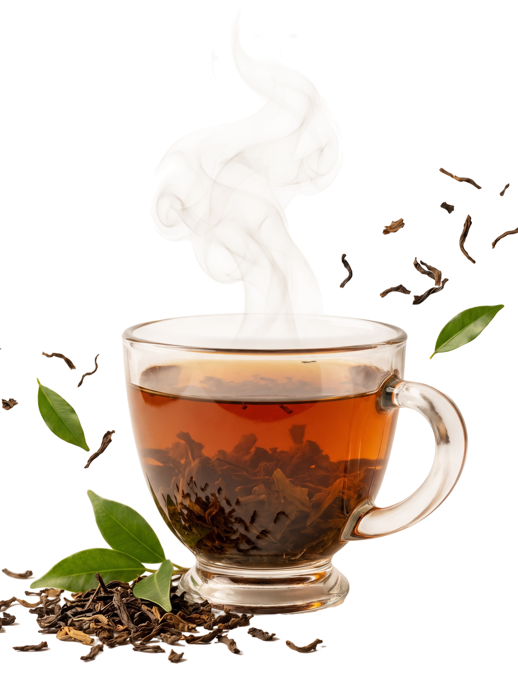 Hot amber tea with loose tea leaves and a delicate curl of steam