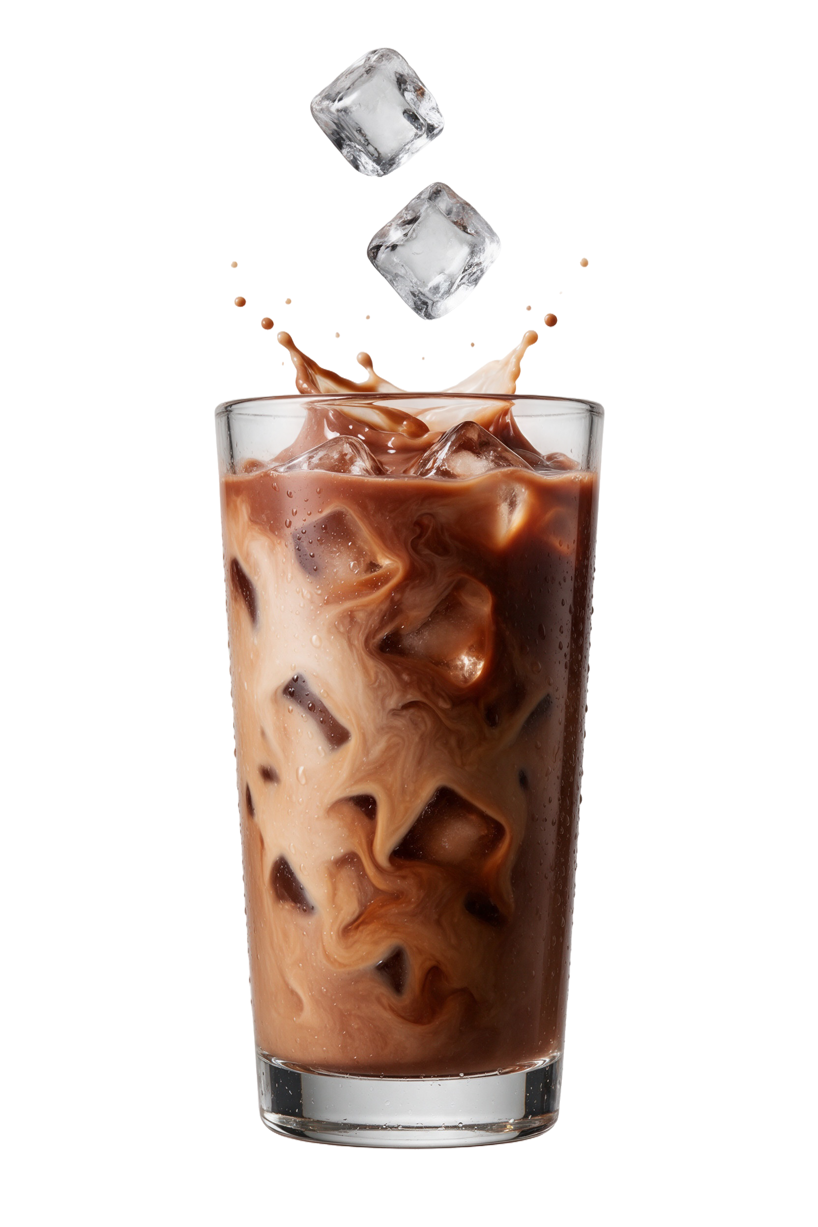 A complete glass of iced mocha as ice falls into it