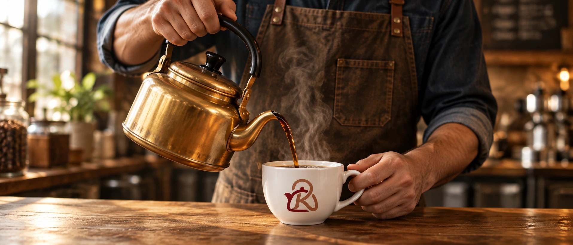 A barista pouring coffee from our golden kettle with black handle into a branded Kuttley House mug