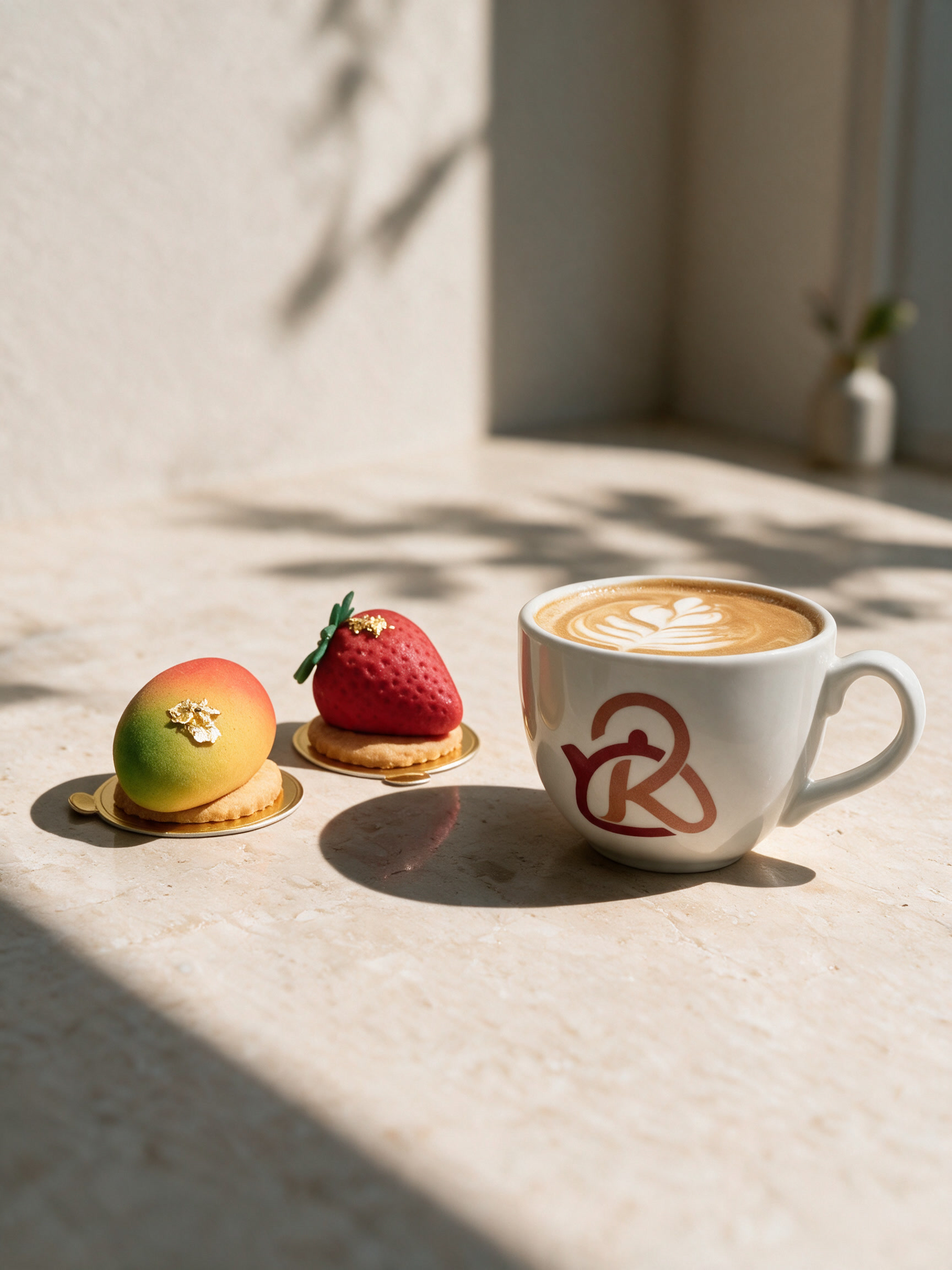 A branded latte and mango and strawberry desserts sharing a sunlit café table